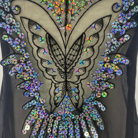 Vintage Y2k Iridescent Sequin Butterfly Nightgown Sheer Maxi Black Womens 2/4 - Picture 5 of 12